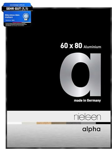 nielsen Bilderrahmen, 60 x 80 cm, Aluminium, Schwarz glanz, Posterrahmen zum Aufhängen im Hoch- & Querformat, Echtglas, Alpha
