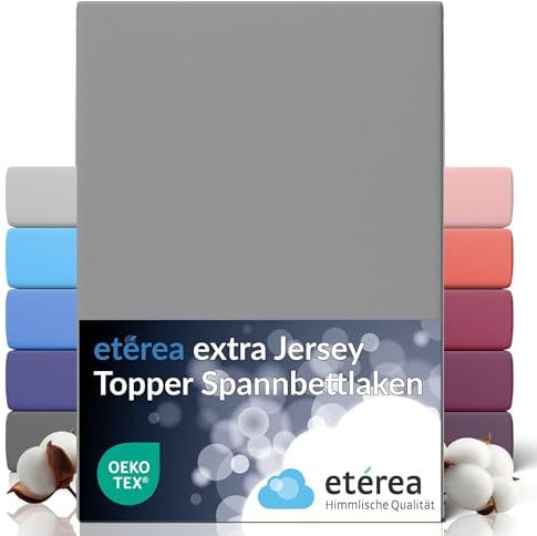 etérea Premium Topper Spannbettlaken 140x200cm – 160x220cm Grau – extra Jersey Spannbetttuch bis 10cm Höhe und 220 cm Länge – 160 g/m² schwere gekämmte Baumwolle – Topper Bettlaken