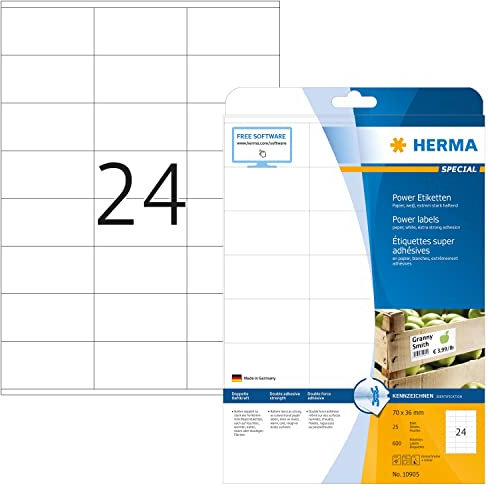 HERMA 10905 Power Etiketten, 25 Blatt, 70 x 36 mm, 24 pro A4 Bogen, 600 Stück, selbstklebend, bedruckbar, extrem stark haftend, blanko Papier Klebeetiketten Aufkleber, weiß