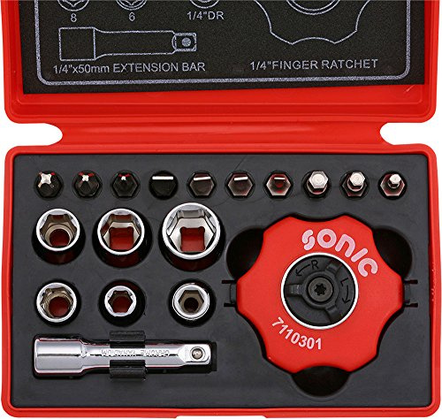 Sonic-Equipment Werkzeugkoffer Ratsche Innenhandfläche, Tüllen Sechskant - 18-teilig
