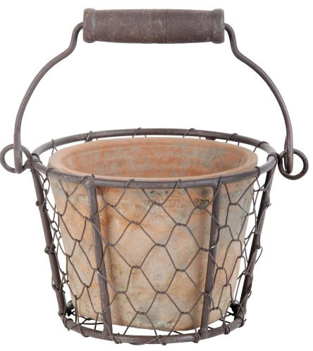 Esschert Design AT09 Aged Terracotta Pot in Wire Basket/ Handle, Black, 15 x 13 x 10 cm