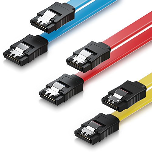 deleyCON 3x 50cm SATA III Kabel im Set S-ATA 3 Datenkabel - HDD SSD Verbindungskabel Anschlusskabel Metall-Clip 6 GBit/s - 2 Gerade L-Type Stecker - Gelb Rot Blau
