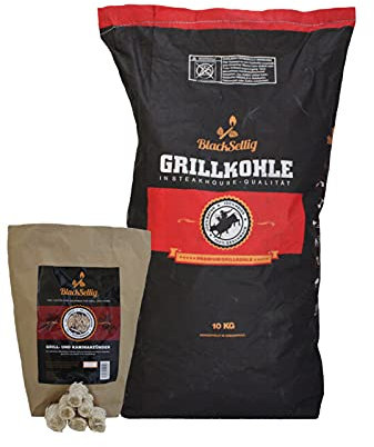 BlackSellig Steakhouse Grillkohle - Premium Quebracho Blanco Holzkohle | Lange Brenndauer | Hohe Hitze | Geringe Rauchentwicklung (10kg + 50 Anzünder)