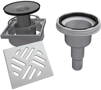 LUX ELEMENTS Senkrechter Ablauftopf TUB-BAS-S 100 I Ablauftopf mit Rost 12 x 12 cm aus Edelstahl inkl. Geruchsverschluss für Duschböden mit Punktablauf