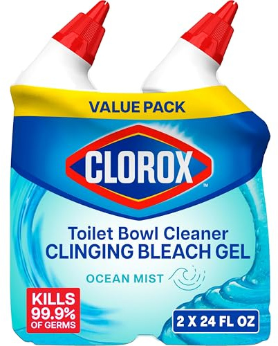 Clorox Toilet Bowl Cleaner Clinging Bleach Gel, Kills 99.9% of Bacteria and Viruses, Ocean Mist, 24 Fl Oz, Pack of 2