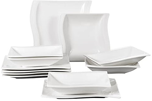 MALACASA Série Flora Service de Table Complet Blanche en Porcelaine pour 6 Personnes avec Assiettes Plates et Assiettes Creuses, 12pcs Assiettes Carrée Service de Vaisselle, Passe au Lave-vaisselle