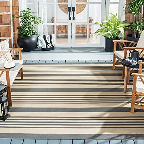 SAFAVIEH Courtyard Collection CY6062 Stripe Indoor/ Outdoor Non-Shedding Easy--Cleaning Patio Backyard Porch Deck Mudroom Area--Rug, 5'3 x 5'3 Square, Grey / Bone