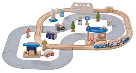 EverEarth Eisenbahn-Set Ökologische Stadt aus nachhaltigem Holz – Umweltfreundliches Spielzeug mit Zug, Gebäuden und Zubehör – Fördert Kreativität und Motorik – EE33591