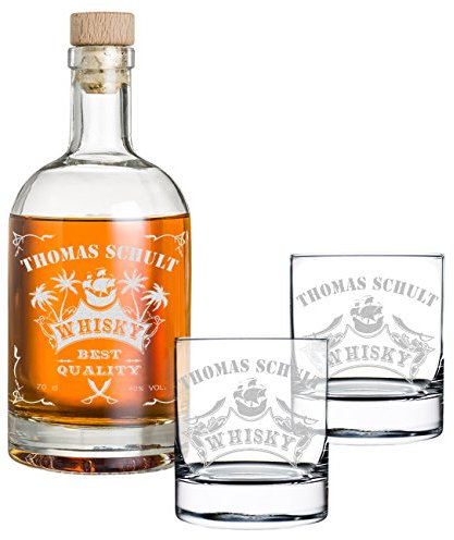 polar-effekt 3-TLG Geschenk-Set mit Gravur - Whiskyflasche und 2 Whiskygläser - Glas-Karaffe Inhalt: 700ml - Geschenkidee für Männer - Motiv Piratenschiff