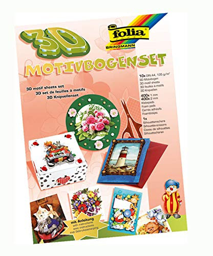 folia 1419 - 3D Motivbogen Set, DIN A4, 10 Blatt, mit Klebepads und Schere
