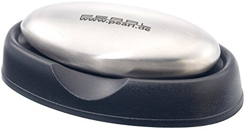 PEARL Edelstahlseife: Geruchs-neutralisierende, gebürstete Edelstahl-Seife, mit Ablage (Stahlseife, Metallseife gegen Gerüche, Knoblauchpresse)