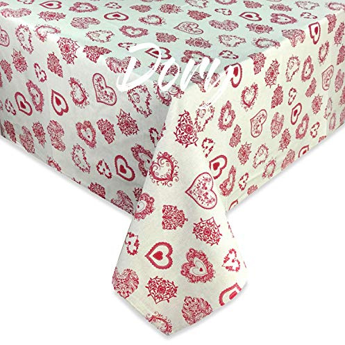 Nappe en coton lourd fabriquée en Italie – Cœur tyrolien rouge, rectangulaire, lavable – Élégante et durable pour la maison et la restauration – 140 x 240 cm pour 12 personnes