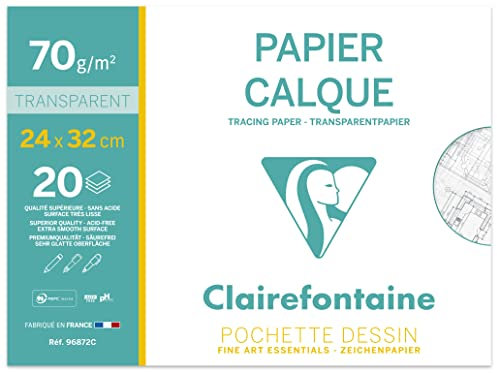 Clairefontaine 96872C - Pochette Dessin Scolaire - 20 Feuilles Papier Calque Hautement Transparent - 24x32 cm 70/75g - Idéal pour le Dessin Technique