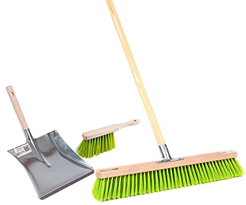 BawiTec Profi XL Kehrset Besen 60cm mit Stiel Ø28mm Länge 140cm Handfeger und Metall-Kehrschaufel verzinkt neon-grün Elaston-Borsten robust Kehrgarnitur Gartenbesen-Set für Garten,Haus,Gewerbe