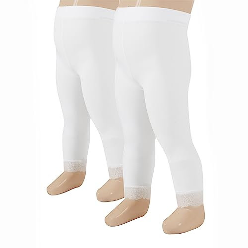 2 PAIRES – LEGGINGS POUR BEBES FILLES EN DENTELLE | CALEÇONS EN MICROFIBRE POUR BEBES | 40 DEN | BLANC, NOIR | 12, 18, 24 MOIS | BONNETTERIE ITALIENNE (12 mois, BLANC)