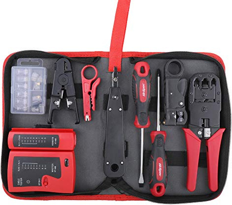 Apollo Netzwerk-Werkzeugset mit Kabeltester, Crimpzange und Abisolierer | 19-tlg., Kabeltester für RJ-11/RJ-45/CAT5, Crimpzange, LSA-Auflegewerkzeug, Schraubendreher, Tasche, für Verkabelung
