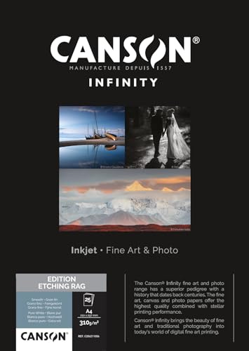 CANSON Infinity Edition Etching Rag Smooth 310gsm A4 Paper, Digital Fine Art Reproduction, 25 Pure White Sheets, Ideal for Professional Photographers
