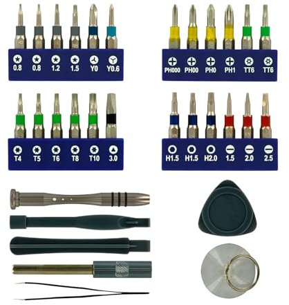 TIVOLY - Smartphone- & Tablet-Reparaturset - 32 Teile - Bithalter + Präzisionsbits + Verlängerung + Saugnapf für Entfernung des Bildschirmes + Demontagezubehör