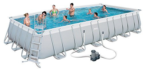 Bestway Frame Pool Power Steel, Set, hellgrau, rechteckig mit Filterpumpe und Zubehör, 732 x 366 x 132 cm, grau