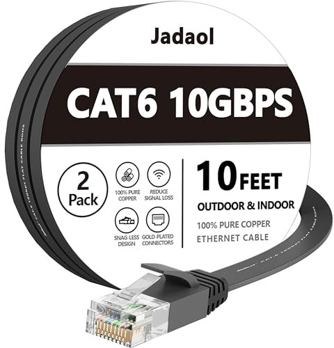 Jadaol Ethernet Cable Cat 6 Flat 10 ft short Cat6 Network Patch Cable with Rj45 Connectors - 10 Feet Black (2 Pack)