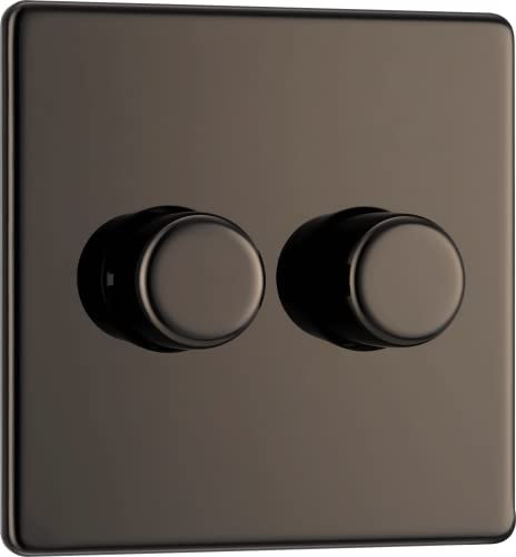 BG Electrical Intelligent Double Wall Dimmer Switch, 2 Way, Screwless Front Plate, Premium Flatplate, Black Nickel, 200W, FBN82