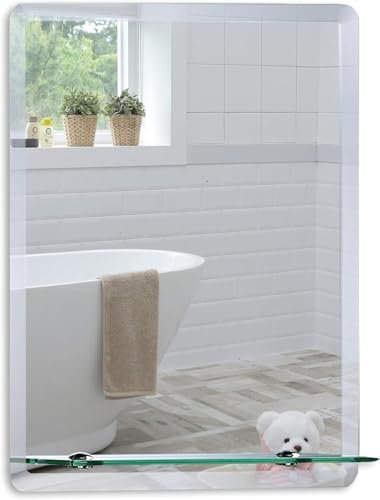 Neue Design Mood Rectangular Bathroom Mirror with Shelf, Wall Mounted, Frameless Modern & Stylish Design with Contemporary Bevelled Edges (70cm x 50cm)