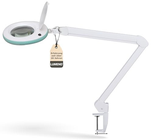 Lumeno LED Lupenleuchte 7218GN Lupenlampe mit 127 mm Echtglaslinse, Arbeitsplatzlampe, Kosmetiklampe, geeignet für Kosmetik, Bastler, Lesehilfe Vergrößerungslampe, 8 Dioptrien Grün