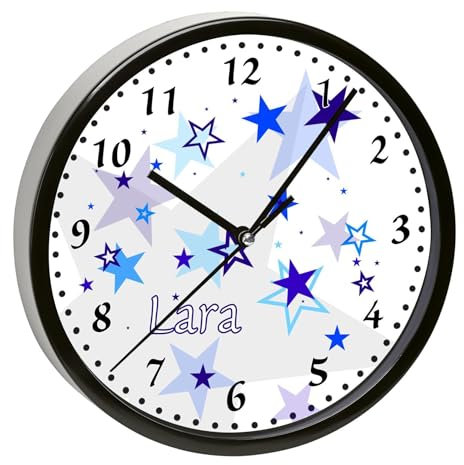 CreaDesign, Wanduhr für Kinderzimmer Sterne blau, Kinderuhr schwarz mit Quarz Uhrwerk, personalisiert mit Name, Durchmesser 19,5 cm
