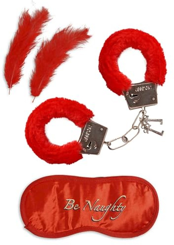 W WIDMANN MILANO Party Fashion 4800L - Spaß Set für Liebhaber, Handschellen aus Fell, Augenmaske, 2 Federn, Zubehörset, Karneval, Mottoparty