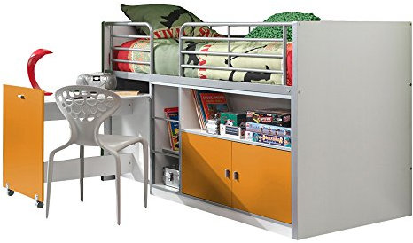 Vipack Hochbett Bonny m.ausziehbarem Schreibtisch weiß/orange Leiter Längsseite