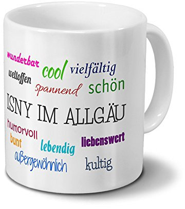 Städtetasse Isny im Allgäu - Motiv Positive Eigenschaften - Stadt-Tasse, Kaffeebecher, Mug, Becher, Kaffeetasse - Farbe Weiß