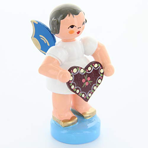 Weihnachtsengel stehend mit Lebkuchenherz blaue Flügel - Erzgebirgische Volkskunst