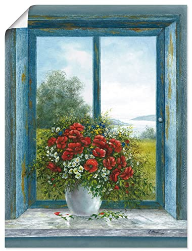 ARTLAND Wanddeko Poster & Kunstdrucke Wandposter 60x80 cm Stillleben Arrangements Botanik Malerei Blau Mohnblumen am Fenster A6KK