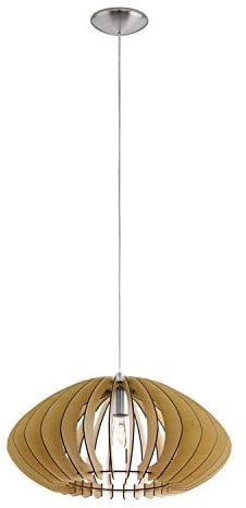 EGLO Pendelleuchte Cossano 2, 1 flammige Hängelampe Vintage, Hängeleuchte aus Stahl und Holz in Nickel-Matt, Ahorn, Esstischlampe, Wohnzimmerlampe hängend mit E27 Fassung, Ø 50 cm