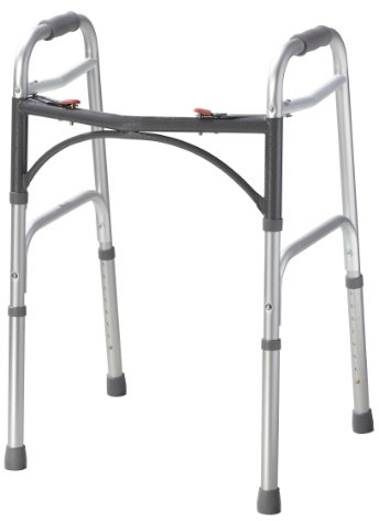 Drive Medical 2-Button Standard Foldable Walker for Seniors & Adults - Adjustable Legs - Lightweight Aluminum Construction - 350 Lb Weight Capacity - Basic Walking Aid - Silver