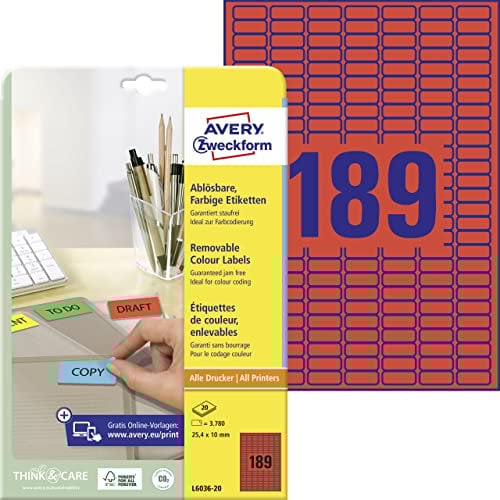 AVERY Zweckform L6036-20 Rote Etiketten (3.780 Aufkleber, 25,4x10mm auf A4, wieder rückstandsfrei ablösbar, selbstklebende Farbetiketten, Papier matt, bedruckbare, farbige Klebeetiketten) 20 Blatt
