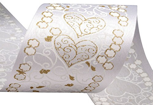 Satinband 80mm x 10m, f. Hochzeitsdekorationen, weiß m. Goldglitter