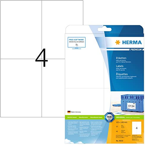 HERMA 8630 Versandetiketten, 10 Blatt, 105 x 148 mm, 4 pro A4 Bogen, 40 Stück, selbstklebend, bedruckbar, matt, blanko Papier Adressetiketten Aufkleber, weiß