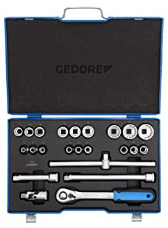 GEDORE Steckschlüsselsatz, Set 23tlg, Doppel 6-kant, 1/2 Zoll, 8-24mm, Werkzeug, Knarre Umschalthebel, für KFZ, D19 EMU 20