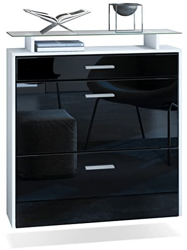 Vladon Schuhschrank Malea, hängender Schuhkipper für 16 Paar Schuhe mit 2 Klappen und 1 Schublade und Glasablage, Weiß matt/Schwarz Hochglanz (89 x 96 x 23 cm)