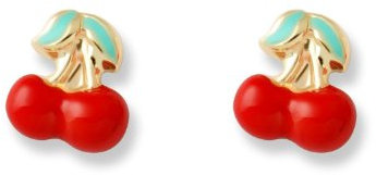 Mondepetit - Rot-Grün Emaille Kirschen Kinder Baby Mädchen Ohrringe Gelbgold 18K - Geschenkbox - Garantiezertifikat
