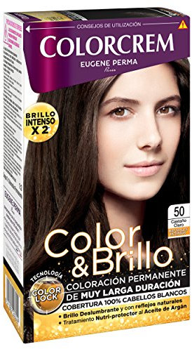 Colorcrem Color & Brillo, Tinte permanente mujer, Tono 50 Castaño Claro, con tratamiento nutri-protector al aceite de Argán, Disponible en más de 20 tonos.
