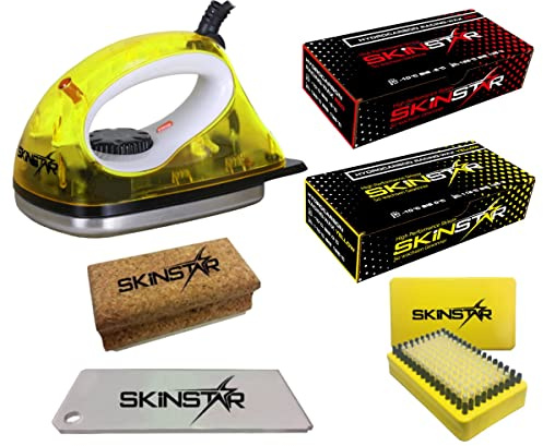 SkinStar Starter Ski Wachs Set, Wachsbügeleisen Bürste Hydrocarbonwachs 6-teilig gelb