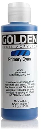 Golden 0002420-4 4oz. - 118ml - Fluid Acrylic Paint Color Paint Bottle - Primary Cyan