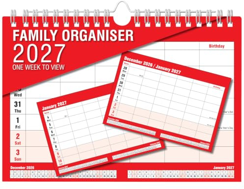 ARPAN Family Organiser 2027 Weekly Planner with 5 Columns & Birthday Space | One Week to View Wall Calendar 2027 UK | A4 Planning Bundle for Home, School & Office