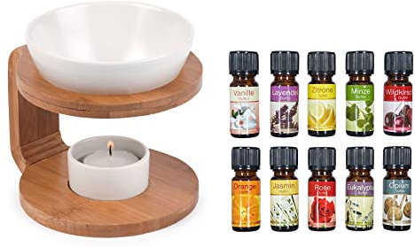 levandeo Duftlampe inkl. 10 Duftöle aus Holz Bambus Keramik - rund - Aromaspender Öllampe Aromalampe