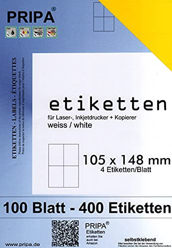 pripa - Etiketten 105 x 148-4 Stueck auf A4-100 Blatt - gelb - DIN A4 selbstklebende Etiketten 3424