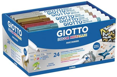 GIOTTO Decor Metallic, Dekormarker Metallic, Schulbox aus Bio-Kunststoff, 5 unterschiedliche Farben, 25 Stück