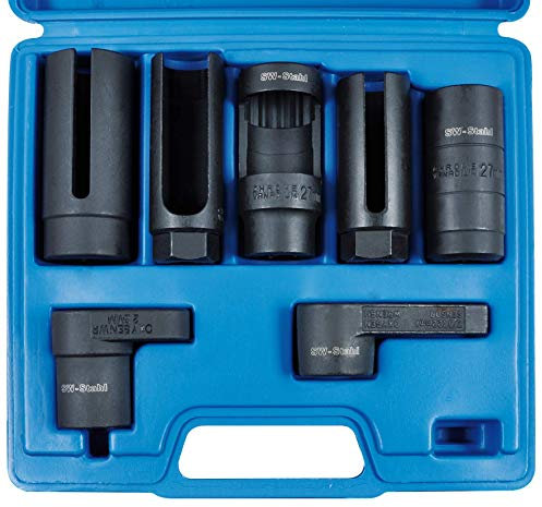 SW-Stahl 26045L Steckschlüsseleinsätze, offen, 7-teilig I Lambdasonden Nuss Set | Injektor Werkzeugsatz 1/2 Zoll | Thermoschalter Werkzeug | Einspritzdüsen Steckschlüssel mit Koffer