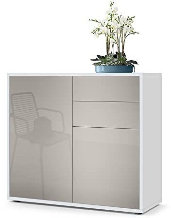 Vladon Sideboard Ben, Made in Germany, Kommode mit 2 Türen und 2 Schubladen, Weiß matt/Sandgrau Hochglanz (79 x 74 x 36 cm)